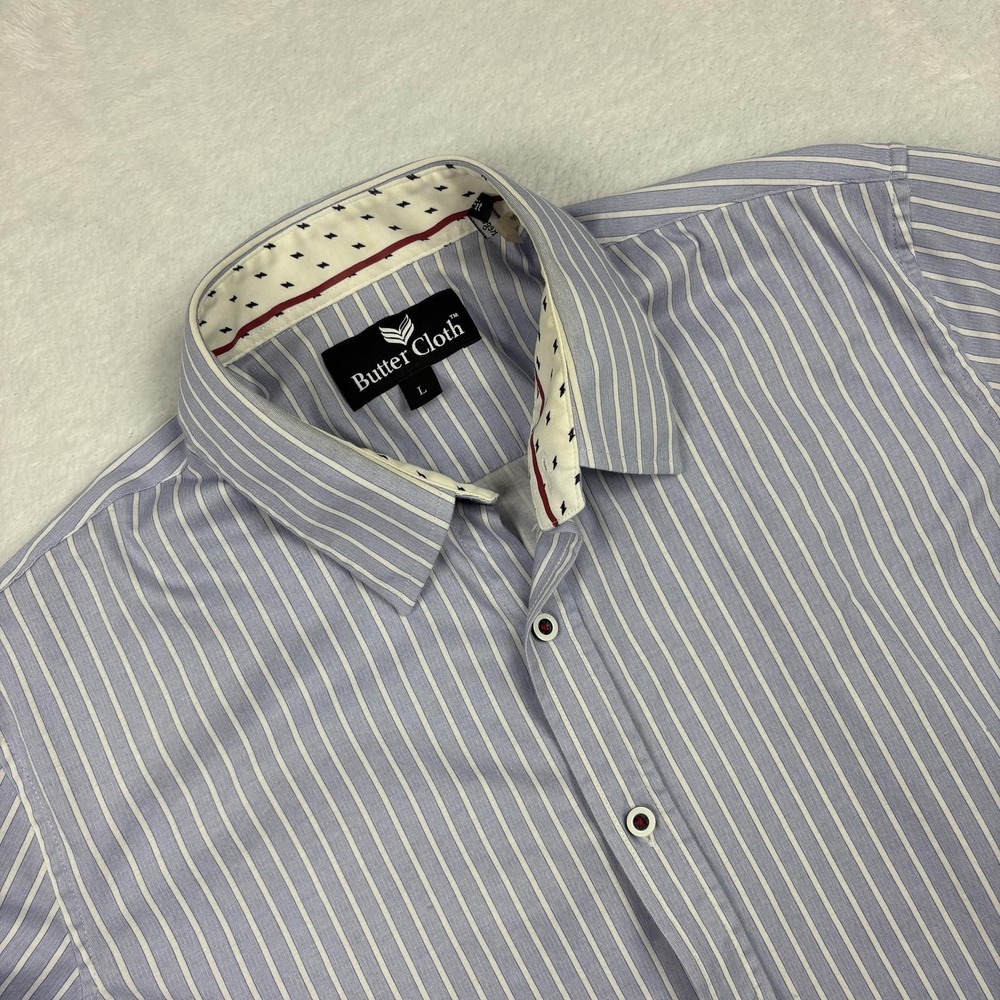 Butter Cloth Shirt Mens L Blue Striped Long Sleeve Button-Up Regular Fit